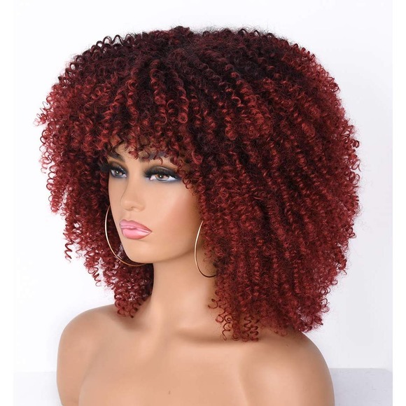 Afro Curly Short Wig Red With Bangs